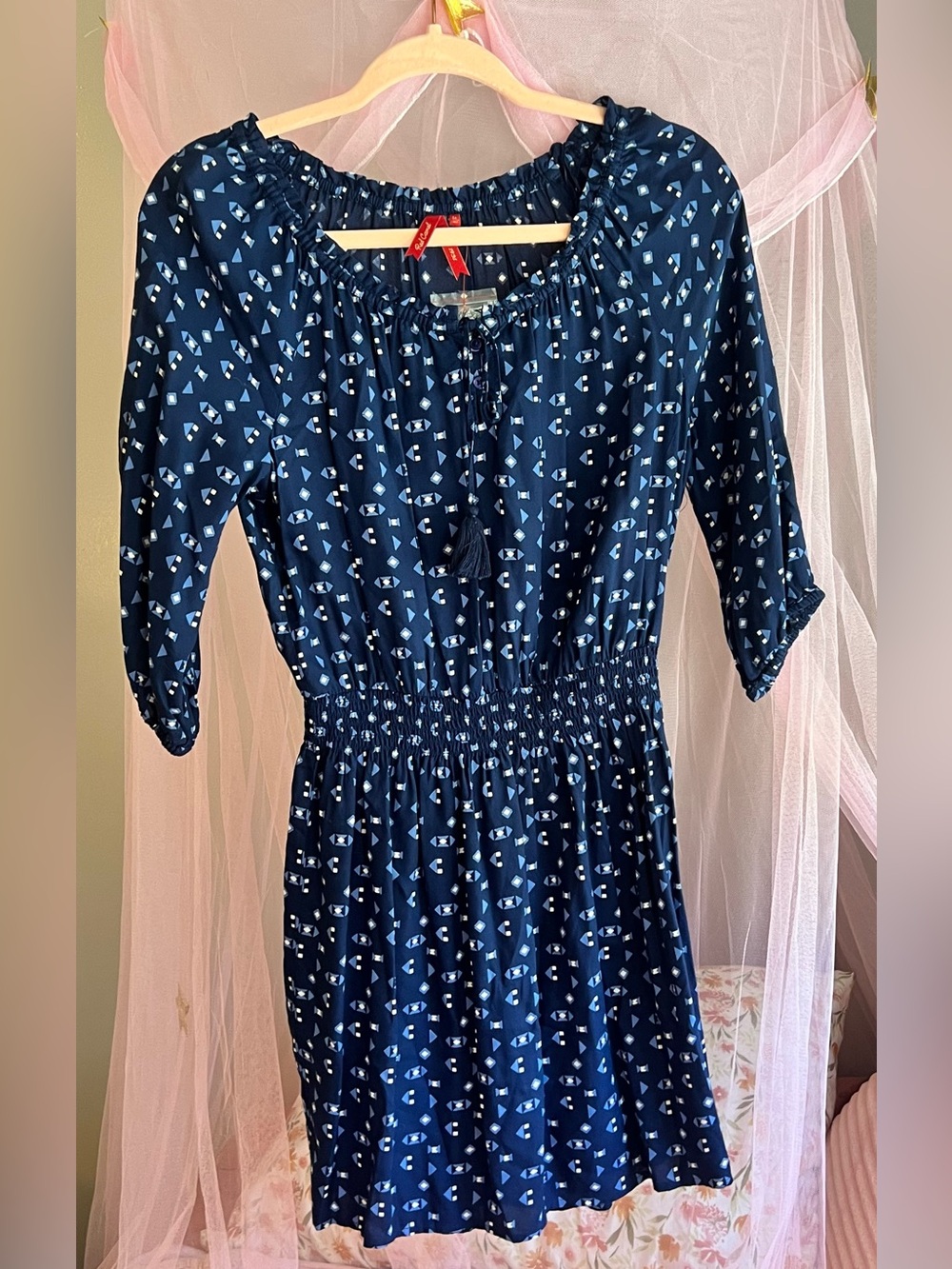 🐬 Red Camel Navy Boho Tassel Dress w. Smocked Waist | Med (Juniors) | NWOT